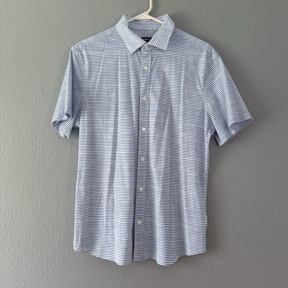 Express Men’s Medium Blue & White Striped Casual Short Sleeve Button-Down Shirt